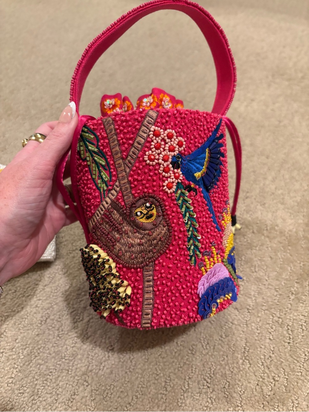 Beaded Floral & Bird pink Bucket Bag